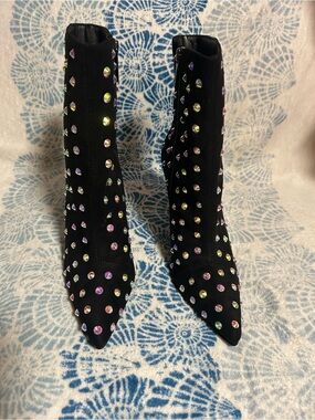 Cape Robbin Black Pointed Studded Ankle Boots with Iridescent Gems